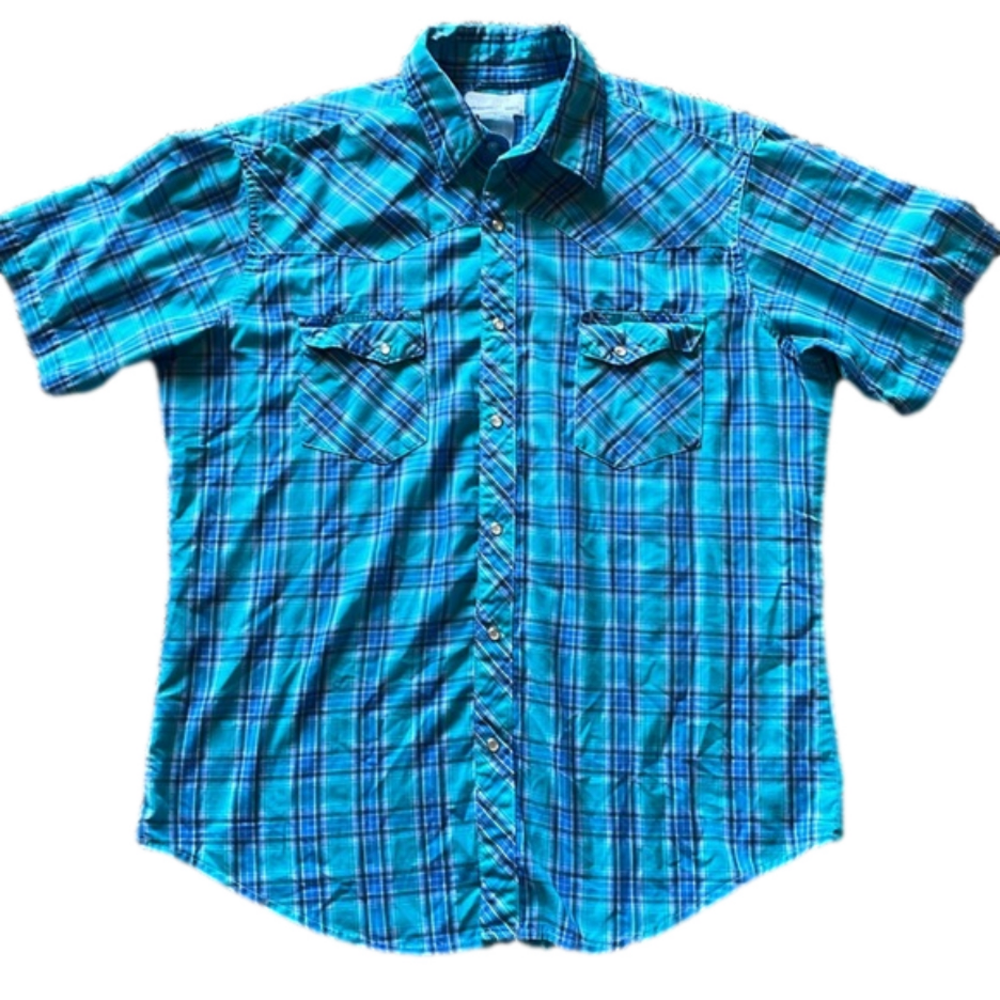 Wrangler Western Vintage Mens Large Aqua and Blue Plaid Short Sleeve Shirt